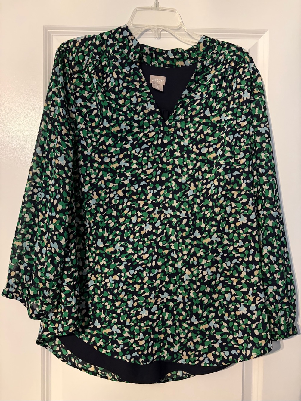 Chico's Blouse with Green and White Floral Dot Print